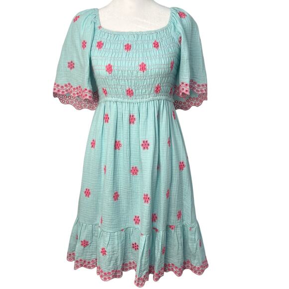 Easel Embroidered Smocked Tie Back Cotton Blue Ruffle Dress Small A Line Boho - Picture 2 of 14